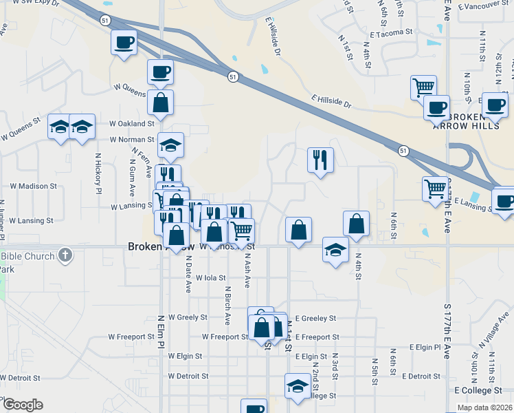 map of restaurants, bars, coffee shops, grocery stores, and more near 1204 North Kenwood Avenue in Broken Arrow