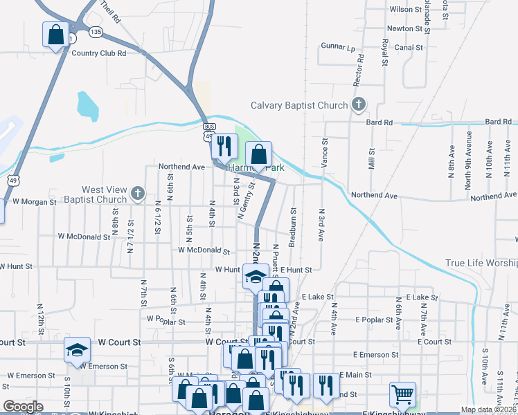 map of restaurants, bars, coffee shops, grocery stores, and more near 817 North Gentry Street in Paragould