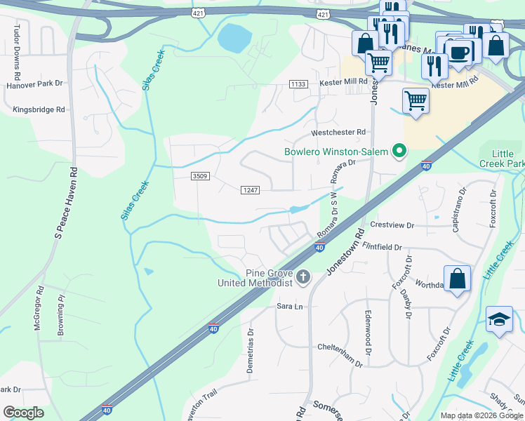 map of restaurants, bars, coffee shops, grocery stores, and more near 4924 Stonington Road Southwest in Winston-Salem