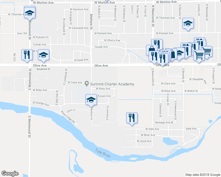map of restaurants, bars, coffee shops, grocery stores, and more near 1887 West Roby Avenue in Porterville