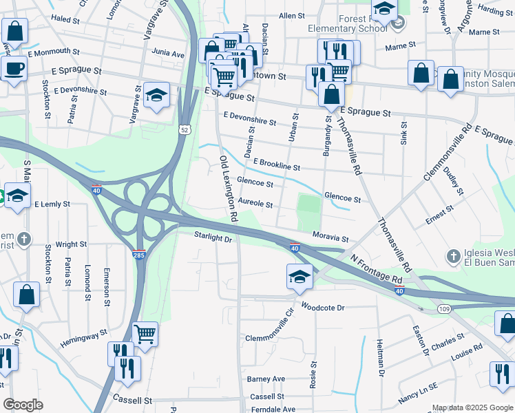 map of restaurants, bars, coffee shops, grocery stores, and more near 726 Aureole Street in Winston-Salem