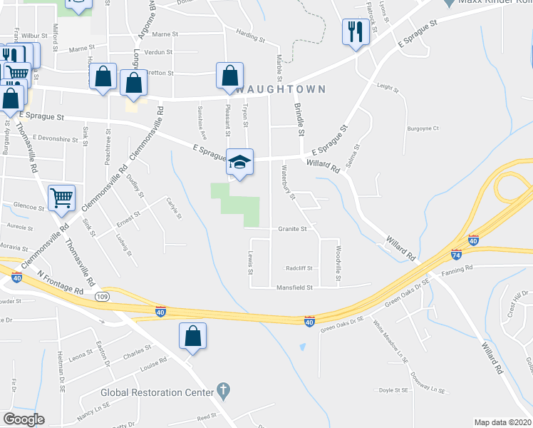 map of restaurants, bars, coffee shops, grocery stores, and more near 2434 Marble Street in Winston-Salem
