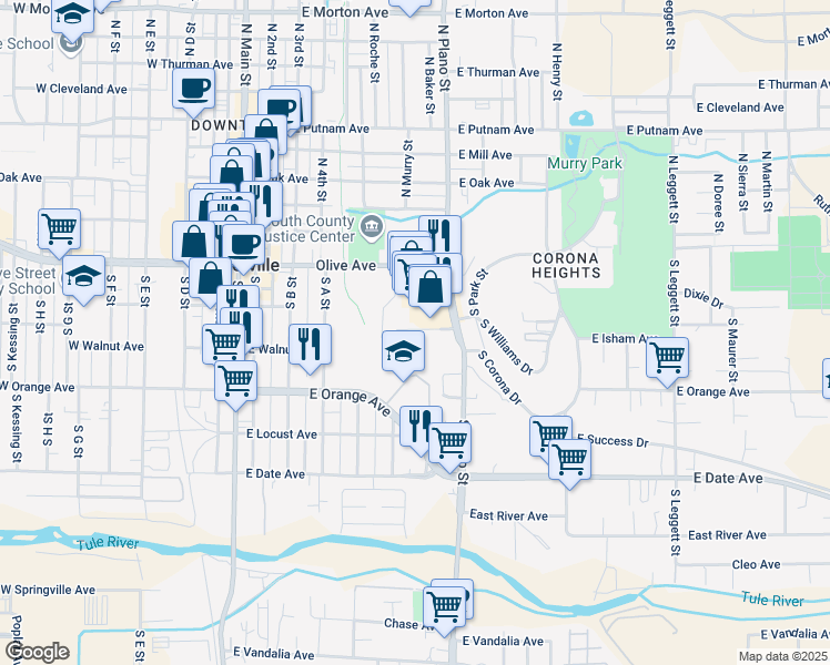 map of restaurants, bars, coffee shops, grocery stores, and more near 303 Eastridge Circle in Porterville