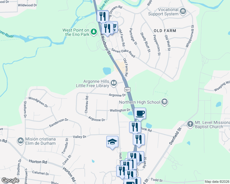 map of restaurants, bars, coffee shops, grocery stores, and more near 112 Argonne Drive in Durham