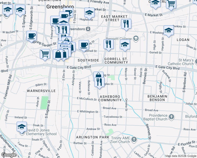 map of restaurants, bars, coffee shops, grocery stores, and more near in Greensboro