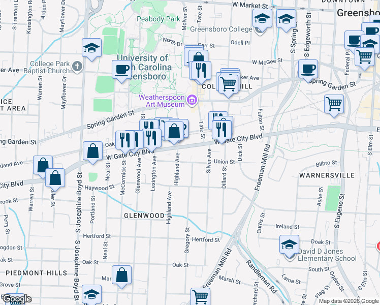 map of restaurants, bars, coffee shops, grocery stores, and more near 915 West Lee Street in Greensboro