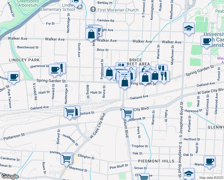 map of restaurants, bars, coffee shops, grocery stores, and more near 1923 Spring Garden Street in Greensboro
