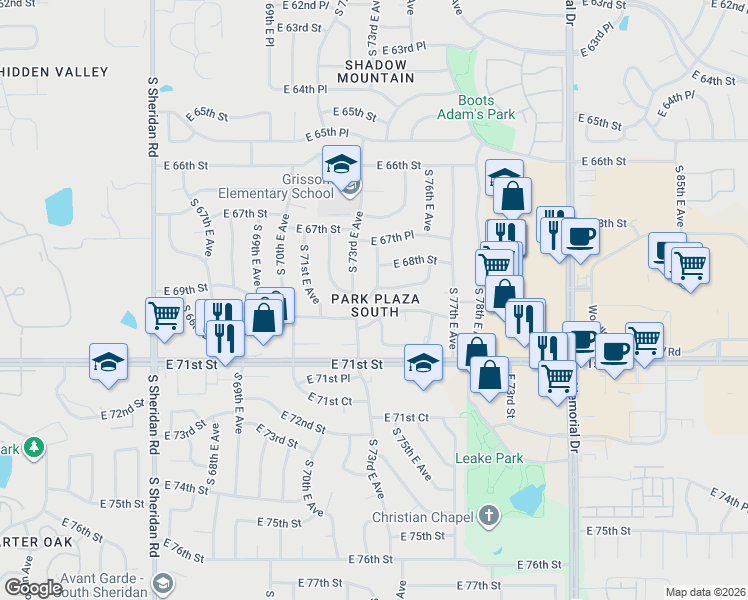 map of restaurants, bars, coffee shops, grocery stores, and more near 7308 East 68th Place in Tulsa