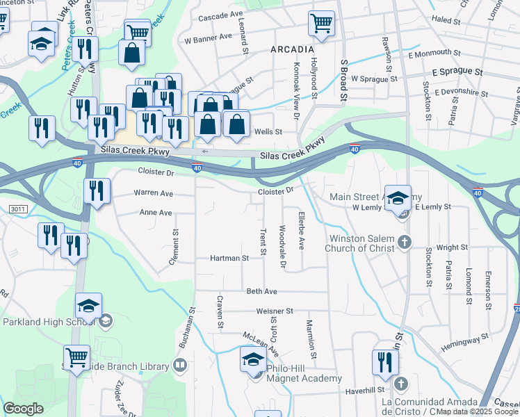 map of restaurants, bars, coffee shops, grocery stores, and more near 506 Trent Court in Winston-Salem