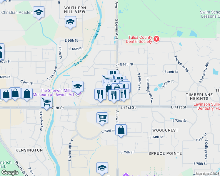 map of restaurants, bars, coffee shops, grocery stores, and more near 6908 South Lewis Avenue in Tulsa
