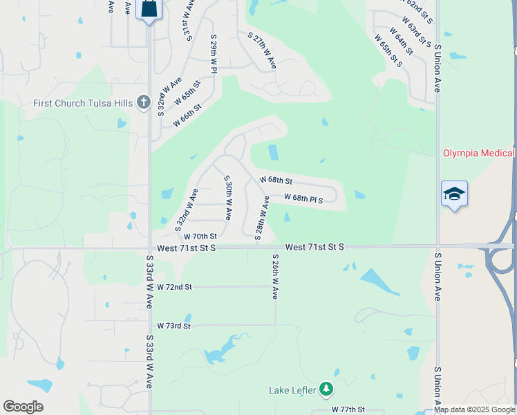 map of restaurants, bars, coffee shops, grocery stores, and more near 6906 S 28th W Ave in Tulsa