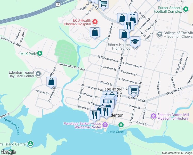 map of restaurants, bars, coffee shops, grocery stores, and more near 203 North Granville Street in Edenton