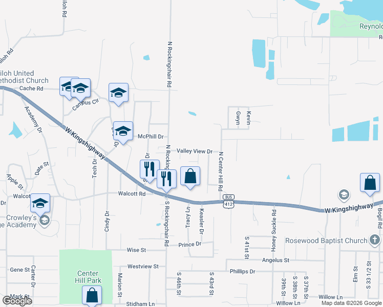 map of restaurants, bars, coffee shops, grocery stores, and more near 4504 Valley View Drive in Paragould