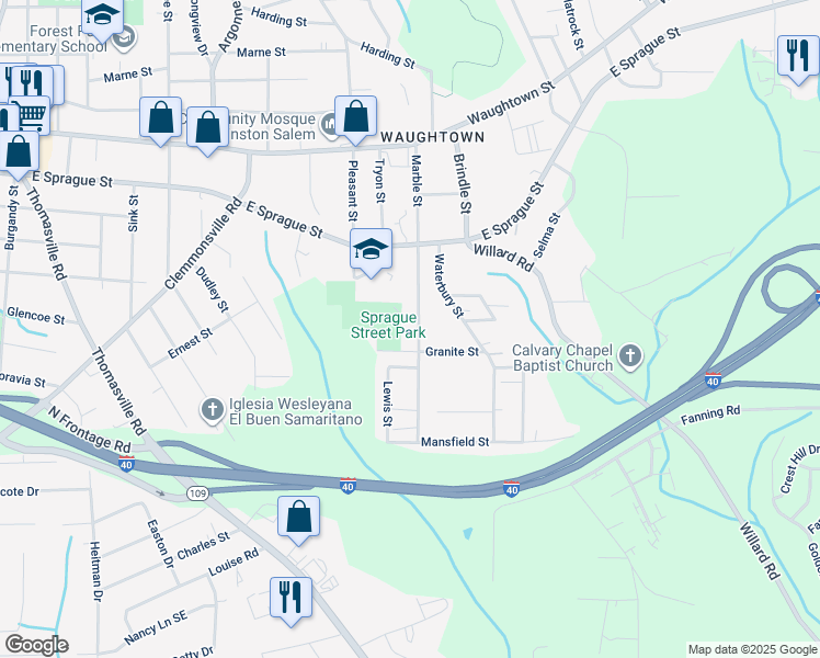 map of restaurants, bars, coffee shops, grocery stores, and more near 2434 Marble Street in Winston-Salem