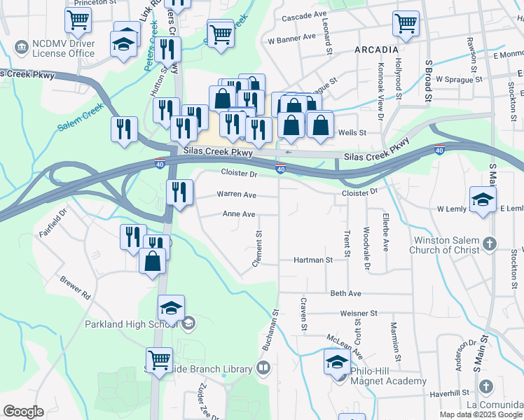 map of restaurants, bars, coffee shops, grocery stores, and more near 909 Anne Avenue in Winston-Salem