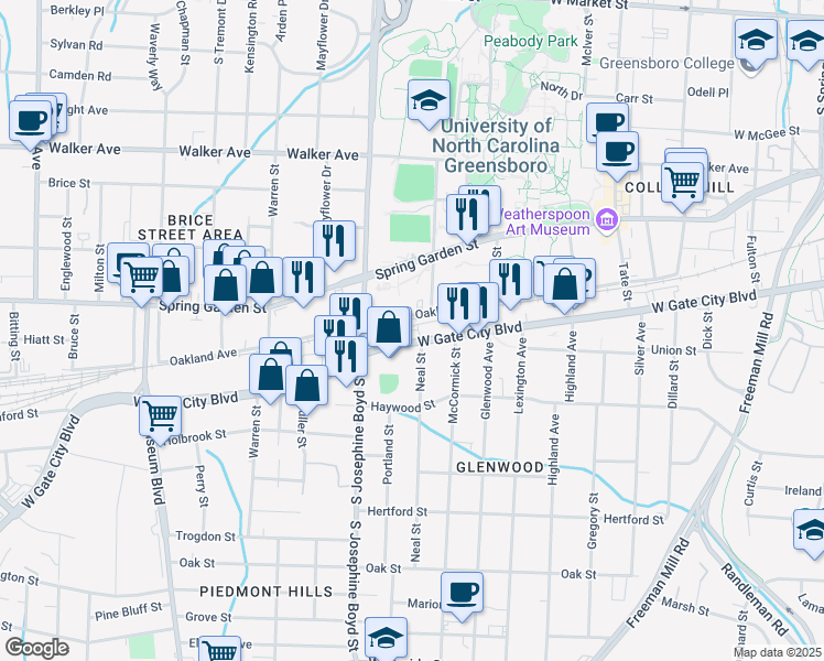 map of restaurants, bars, coffee shops, grocery stores, and more near 1400 W Lee St in Greensboro