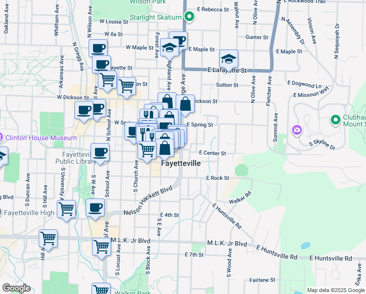 map of restaurants, bars, coffee shops, grocery stores, and more near 25 East Center Street in Fayetteville