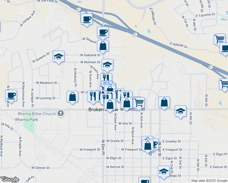 map of restaurants, bars, coffee shops, grocery stores, and more near 517 West Lansing Street in Broken Arrow