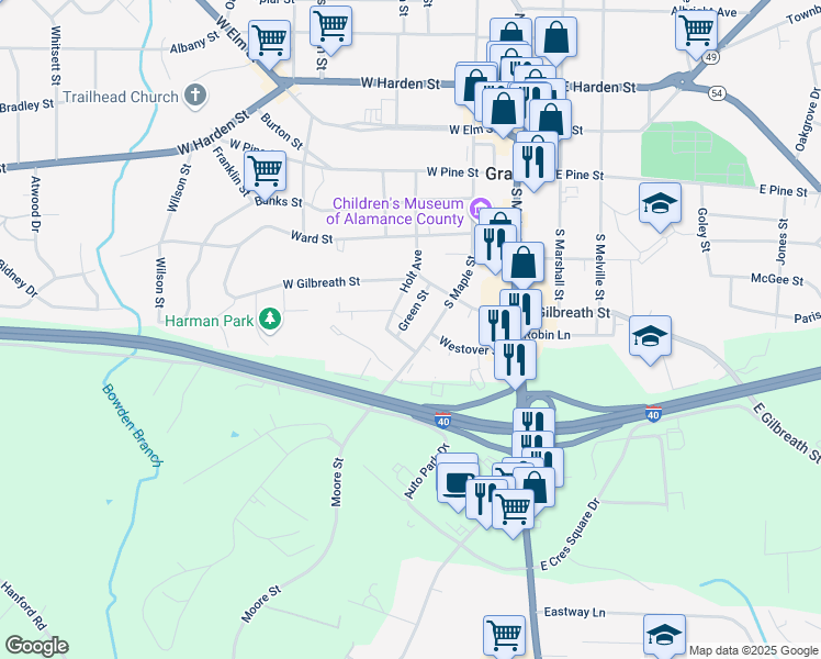 map of restaurants, bars, coffee shops, grocery stores, and more near 417 South Maple Street in Graham
