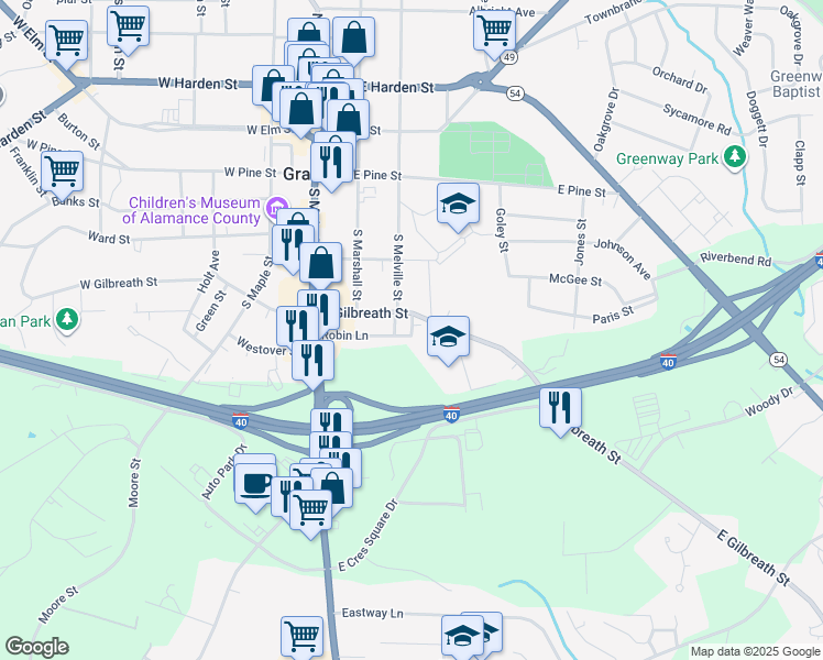 map of restaurants, bars, coffee shops, grocery stores, and more near 405 Robin Lane in Graham