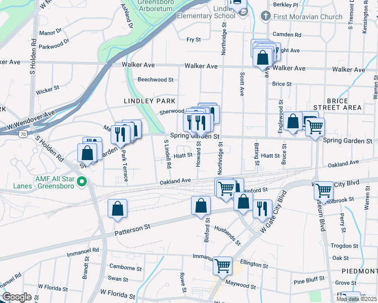map of restaurants, bars, coffee shops, grocery stores, and more near 2510 Hiatt Street in Greensboro