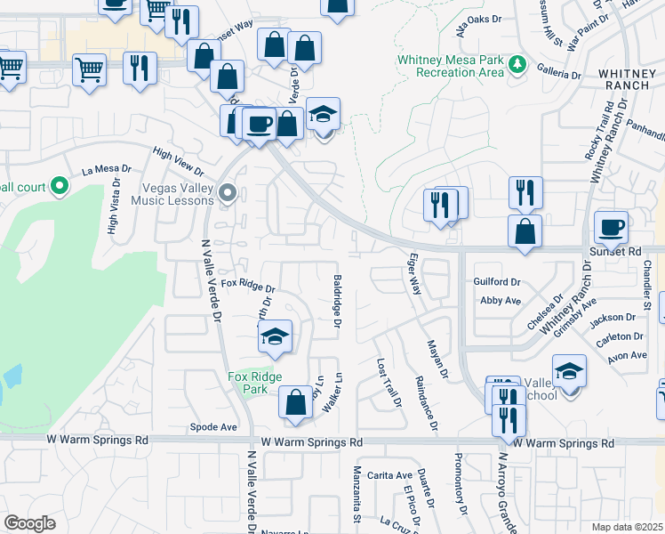 map of restaurants, bars, coffee shops, grocery stores, and more near 551 Baldridge Drive in Henderson