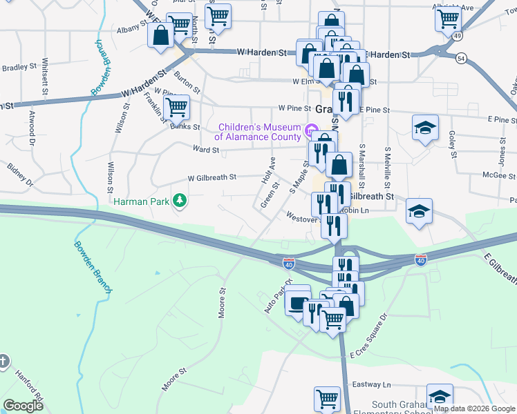 map of restaurants, bars, coffee shops, grocery stores, and more near 427 Green Street in Graham