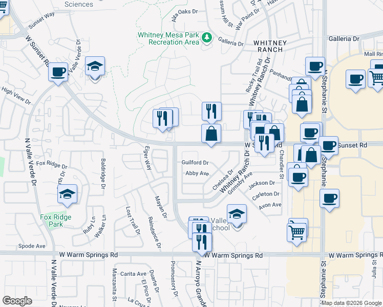 map of restaurants, bars, coffee shops, grocery stores, and more near 544 Sheffield Drive in Henderson