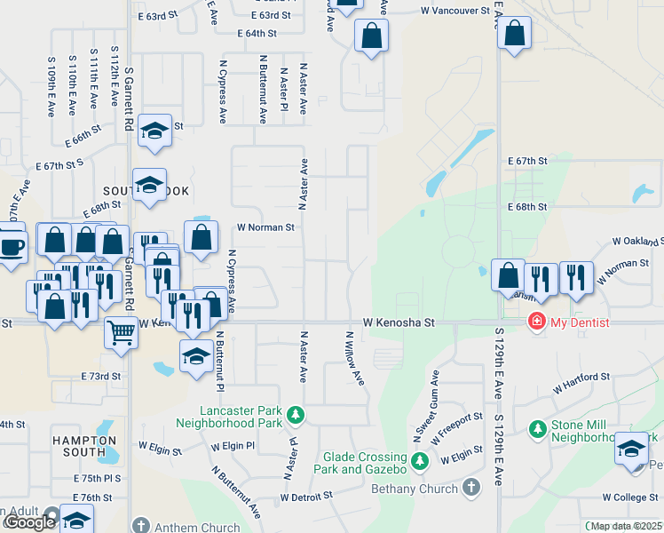 map of restaurants, bars, coffee shops, grocery stores, and more near 1117 North Yellowood Avenue in Broken Arrow