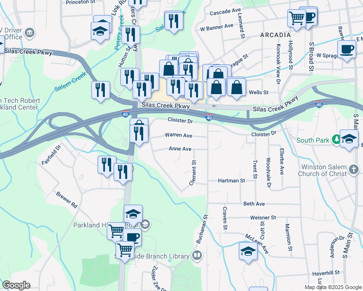 map of restaurants, bars, coffee shops, grocery stores, and more near 929 Anne Avenue in Winston-Salem