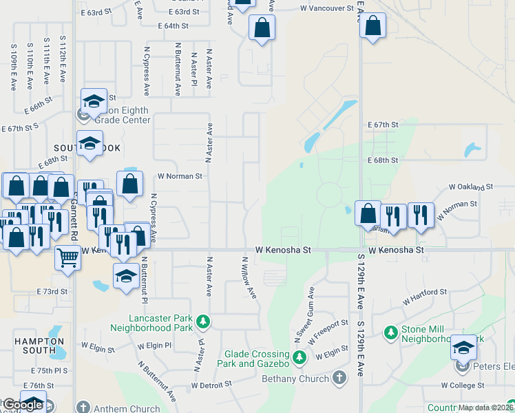 map of restaurants, bars, coffee shops, grocery stores, and more near 1217 North Umbrella Circle in Broken Arrow