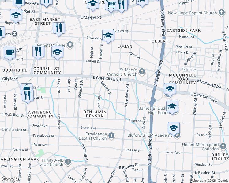 map of restaurants, bars, coffee shops, grocery stores, and more near 1002 Logan Street in Greensboro