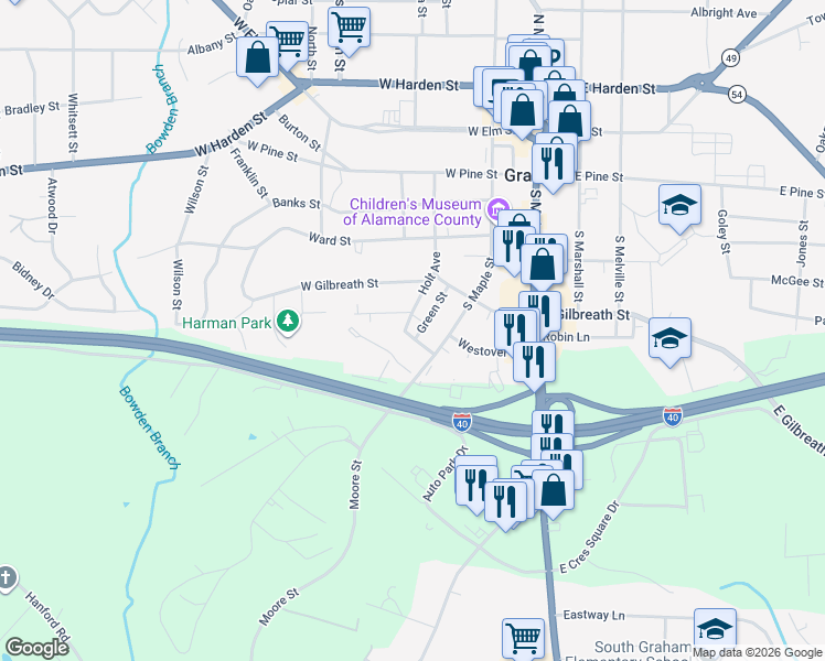 map of restaurants, bars, coffee shops, grocery stores, and more near 427 Green Street in Graham