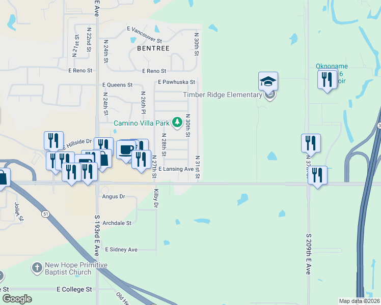 map of restaurants, bars, coffee shops, grocery stores, and more near 1113 North 30th Street in Broken Arrow