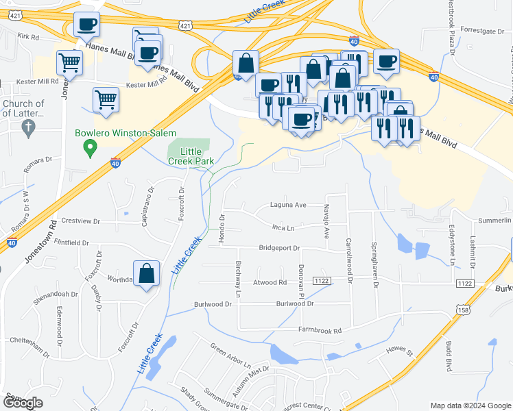 map of restaurants, bars, coffee shops, grocery stores, and more near 2865 Laguna Avenue in Winston-Salem