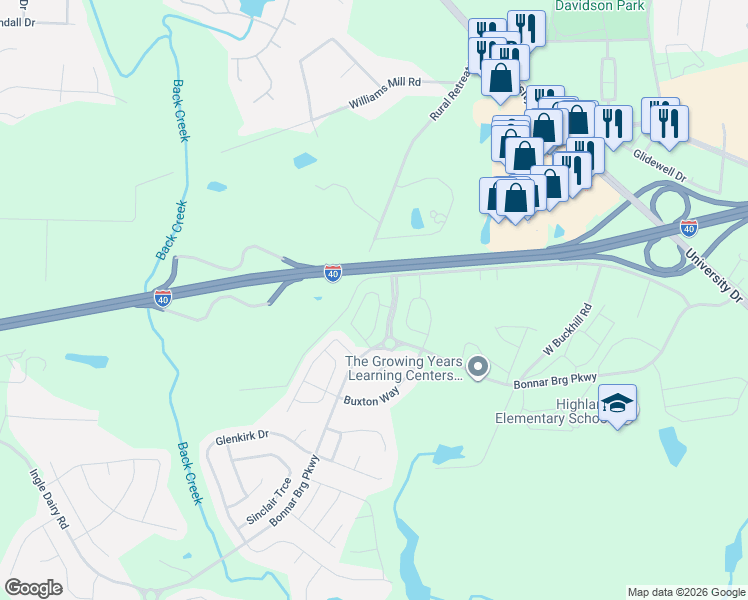 map of restaurants, bars, coffee shops, grocery stores, and more near Mackintosh Drive in Burlington