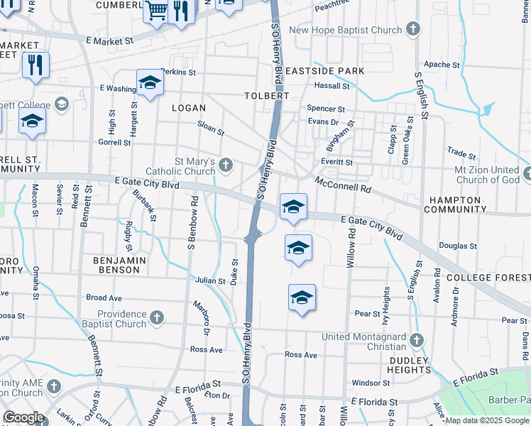map of restaurants, bars, coffee shops, grocery stores, and more near 1802 East Gate City Boulevard in Greensboro