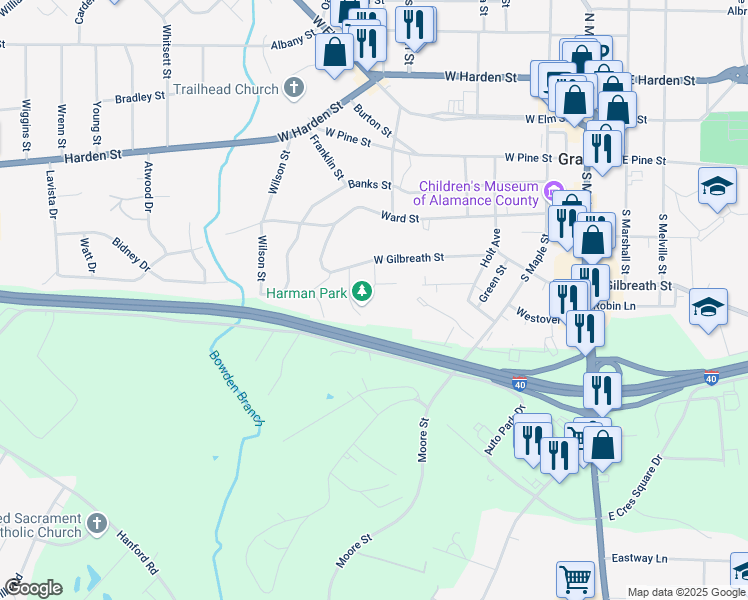 map of restaurants, bars, coffee shops, grocery stores, and more near 414 Enfield Drive in Graham