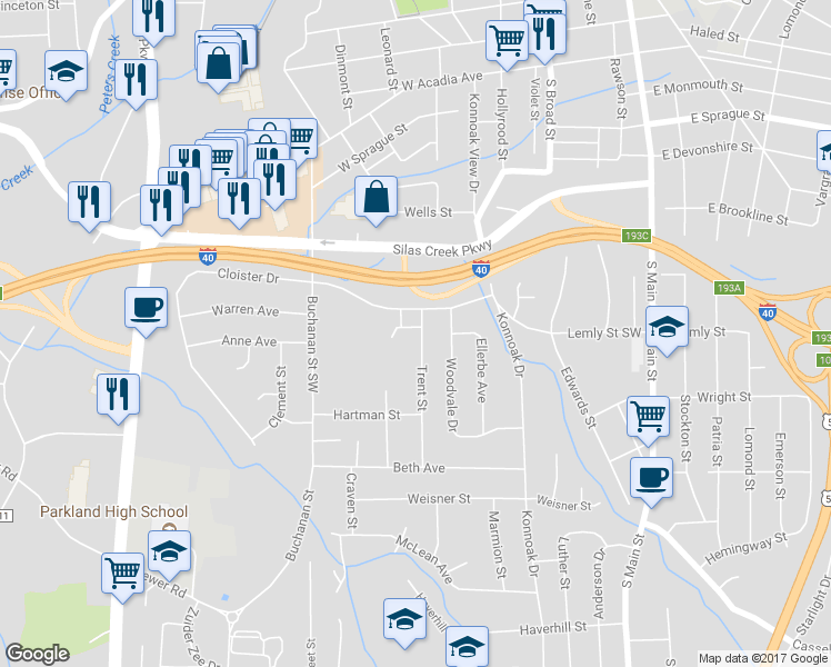 map of restaurants, bars, coffee shops, grocery stores, and more near 500 Trent Court in Winston-Salem