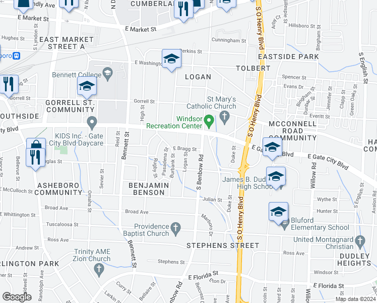 map of restaurants, bars, coffee shops, grocery stores, and more near 1001 Logan Street in Greensboro