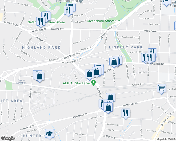 map of restaurants, bars, coffee shops, grocery stores, and more near 3114 Peebles Drive in Greensboro