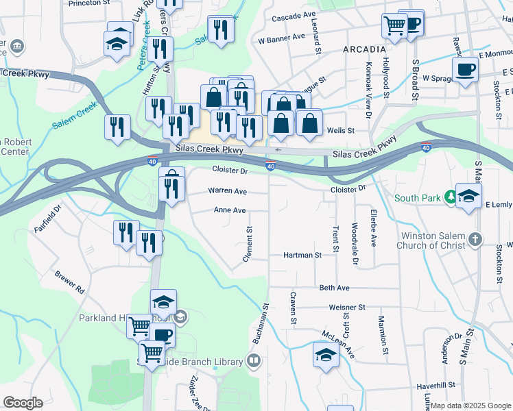 map of restaurants, bars, coffee shops, grocery stores, and more near 909 Anne Avenue in Winston-Salem