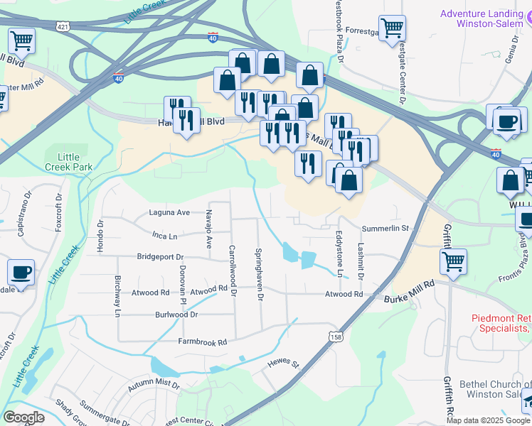 map of restaurants, bars, coffee shops, grocery stores, and more near 2882 Beckwood Drive in Winston-Salem