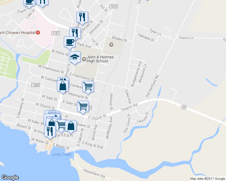 map of restaurants, bars, coffee shops, grocery stores, and more near 124 Jackson Street in Edenton