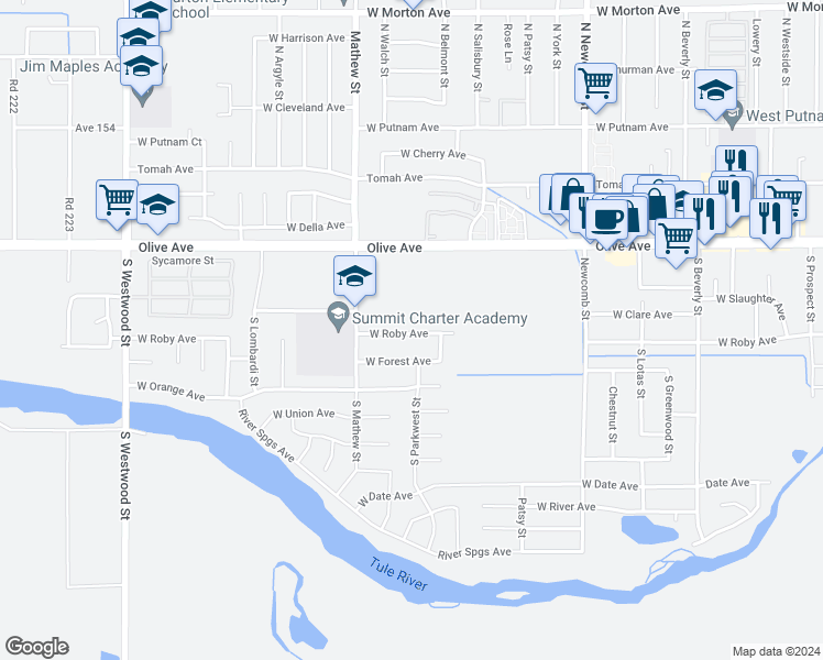 map of restaurants, bars, coffee shops, grocery stores, and more near 1910 West Roby Avenue in Porterville