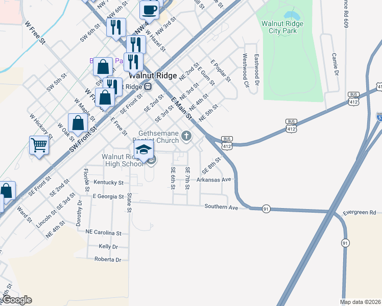 map of restaurants, bars, coffee shops, grocery stores, and more near 701 Southeast 7th Street in Walnut Ridge