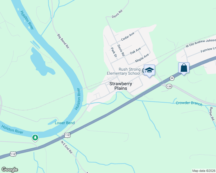 map of restaurants, bars, coffee shops, grocery stores, and more near 112 Main Street in Strawberry Plains