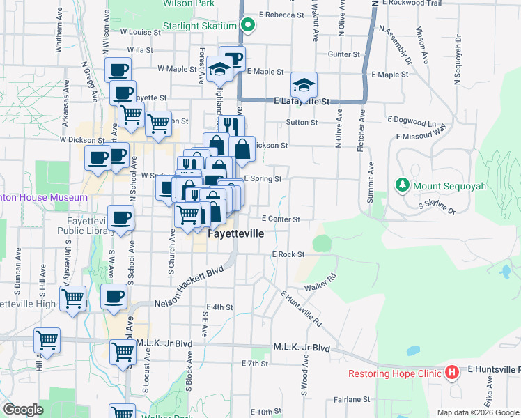 map of restaurants, bars, coffee shops, grocery stores, and more near 151 East Meadow Street in Fayetteville
