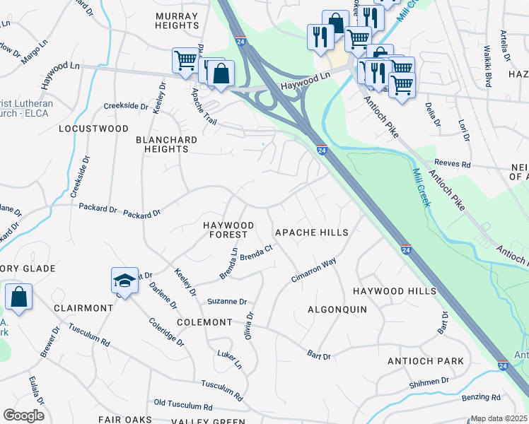 map of restaurants, bars, coffee shops, grocery stores, and more near 4554 Packard Drive in Nashville