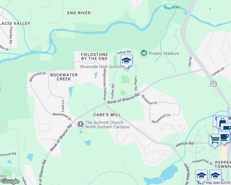 map of restaurants, bars, coffee shops, grocery stores, and more near 3136 Luther Road in Durham